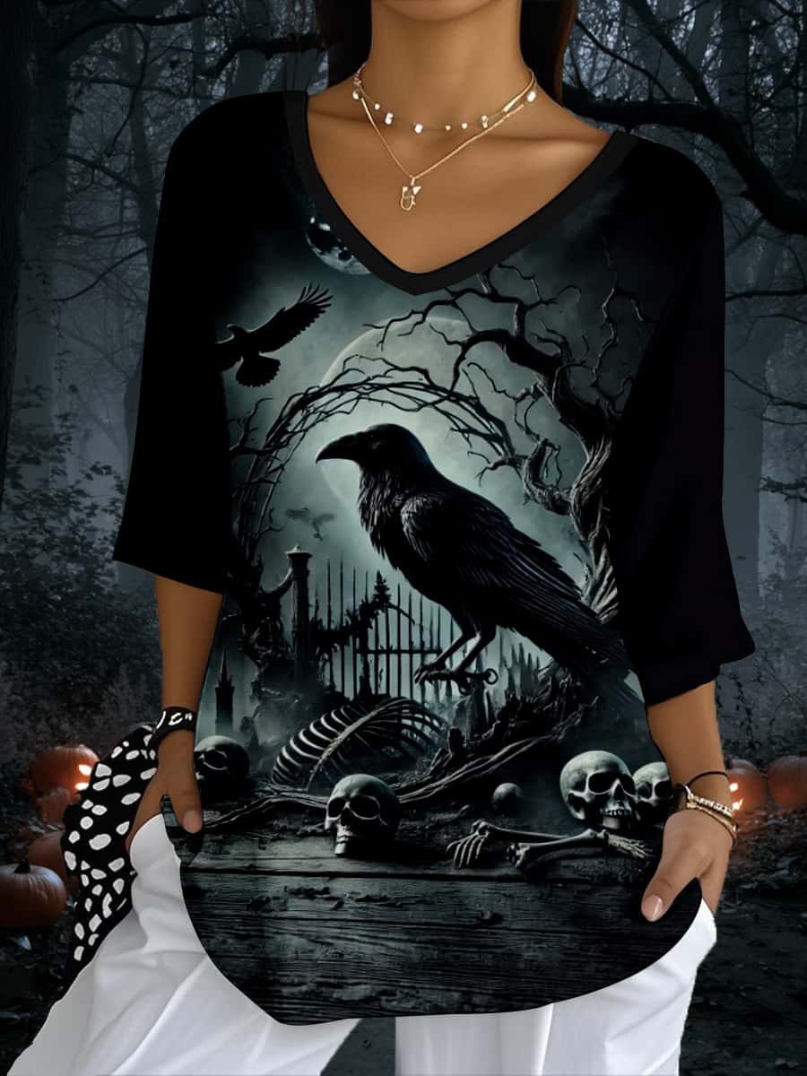 Women's Women's Halloween 3D Gothic Crow T-Shirt