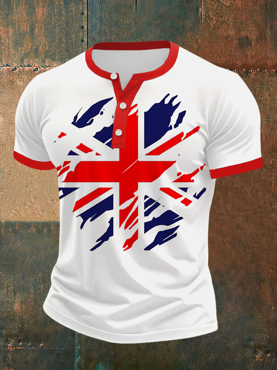 Men’s UK Flag Print Casual Henley Neck Tee Red / S