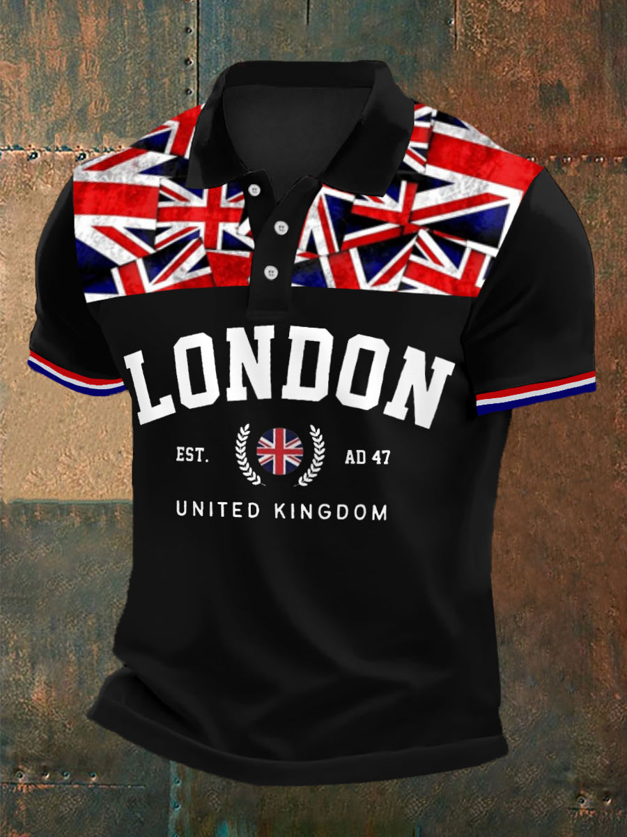 Men’s London UK Flag Print Casual Polo Black / S