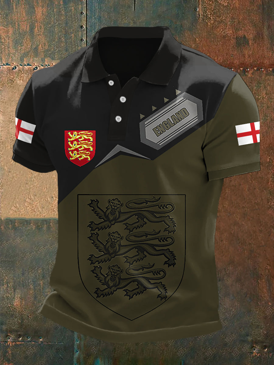 Men’s England Flag Print Casual Polo Army Green / S