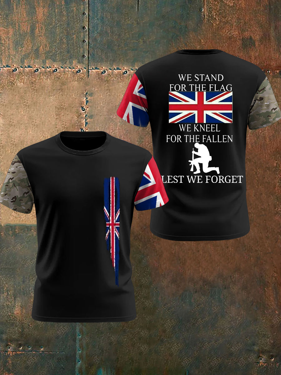 Men’s We Stand For The Flag We Kneel For The Fallen Lest We Forget UK Flag Camouflage Print Casual Tee Black / S