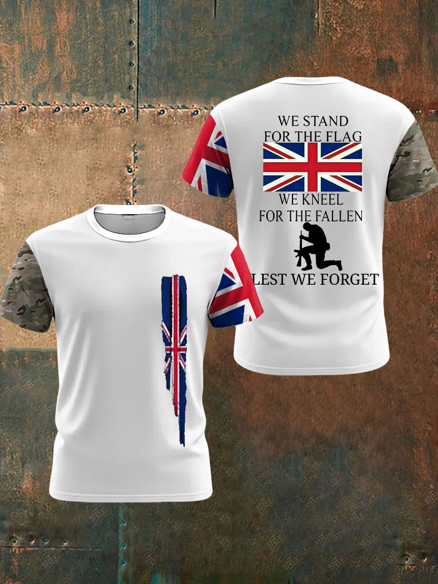Men’s We Stand For The Flag We Kneel For The Fallen Lest We Forget UK Flag Camouflage Print Casual Tee White / S