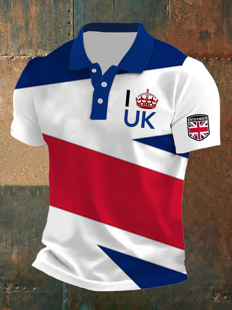 Men’s British Flag Print Polo Neck Plunger Short Sleeve T-Shirt White / S
