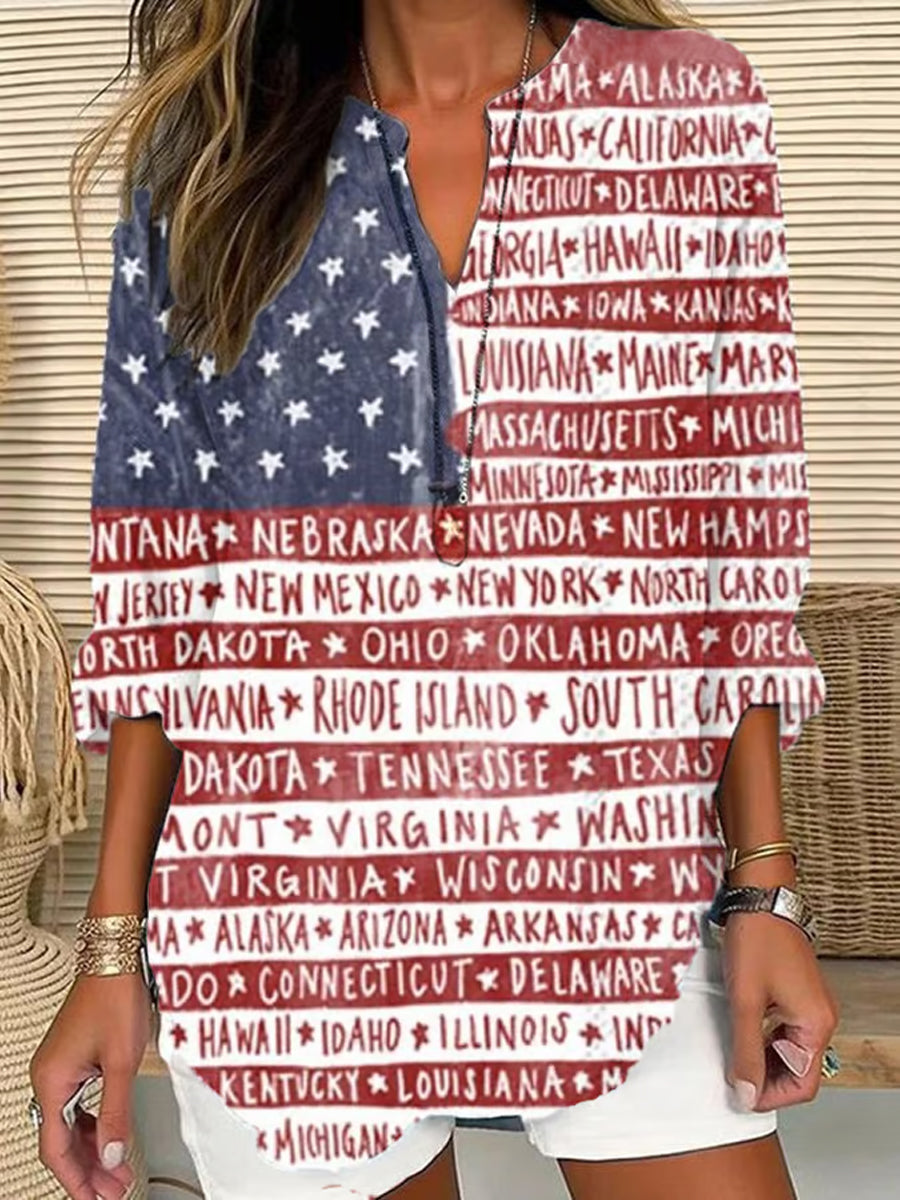 Women’s Independence Day Flag Printed Cotton Linen Vintage Long Sleeve Shirt As picture / S