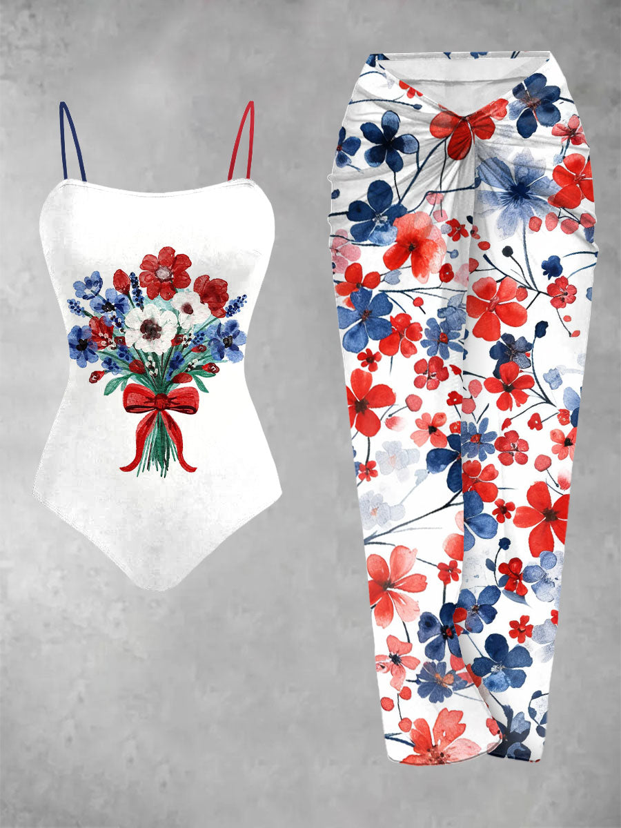 Women’s Independence Day floral-print one-piece swimsuit 2-piece set As picture / S