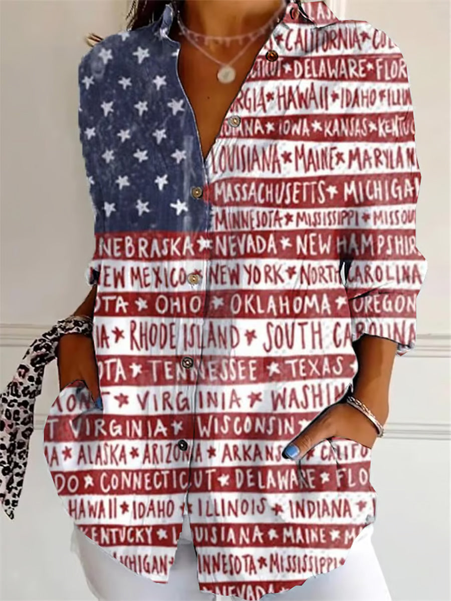 Women’s Independence Day Flag Printed Cotton Linen Vintage Long Sleeve Shirt As picture / S