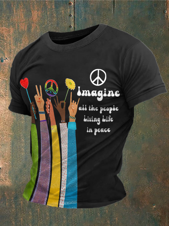 Men’s Retro Music Band Imagine All The People Living Life In Peace Printed T-shirt Black / S