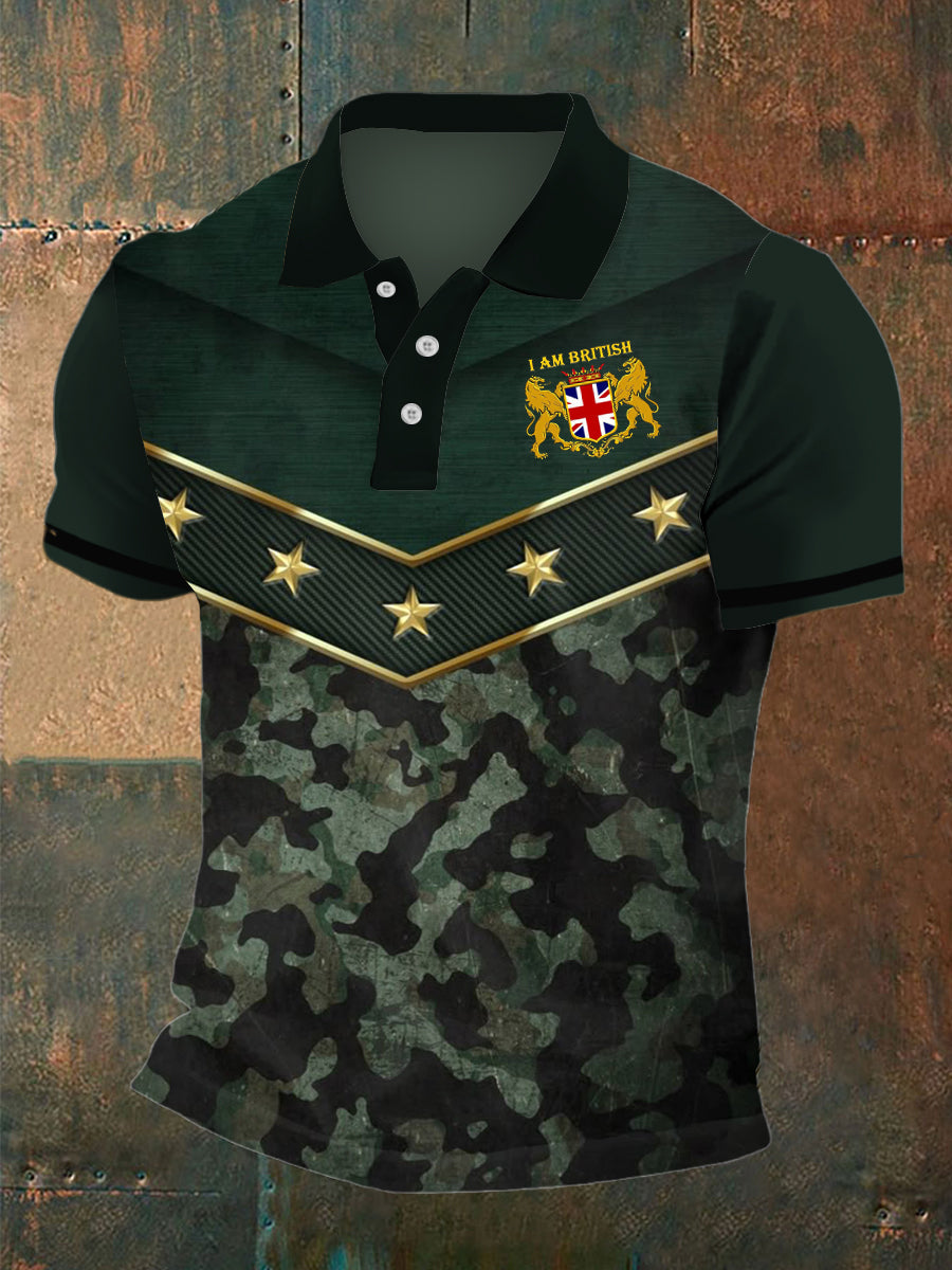 Men’s Camouflage British Medal Print Polo Neck Plunger Short Sleeve T-Shirt Army Green / S