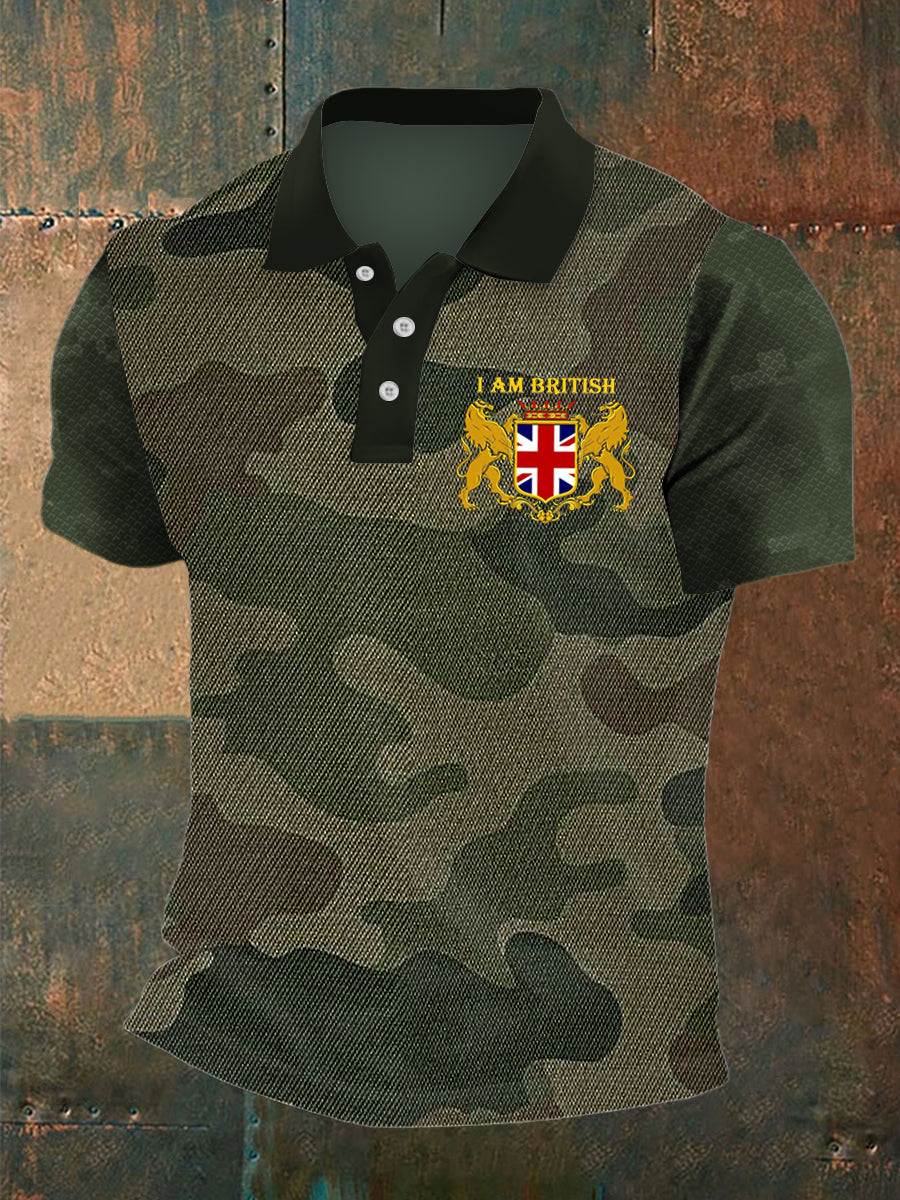 Men’s Camouflage British Medal Print Polo Neck Plunger Short Sleeve T-Shirt Army Green / S