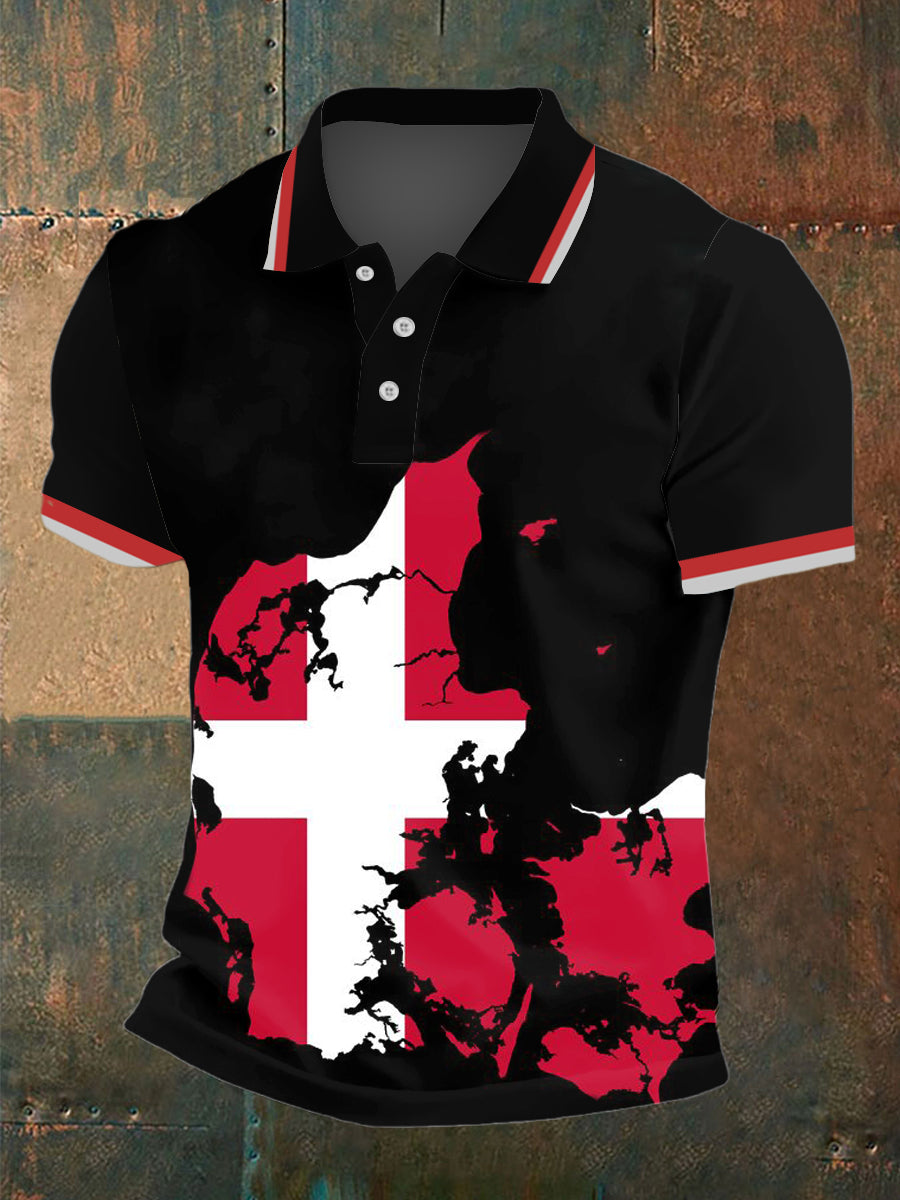 Men's England Flag Print Polo Neck Plunger Short Sleeve T-Shirt