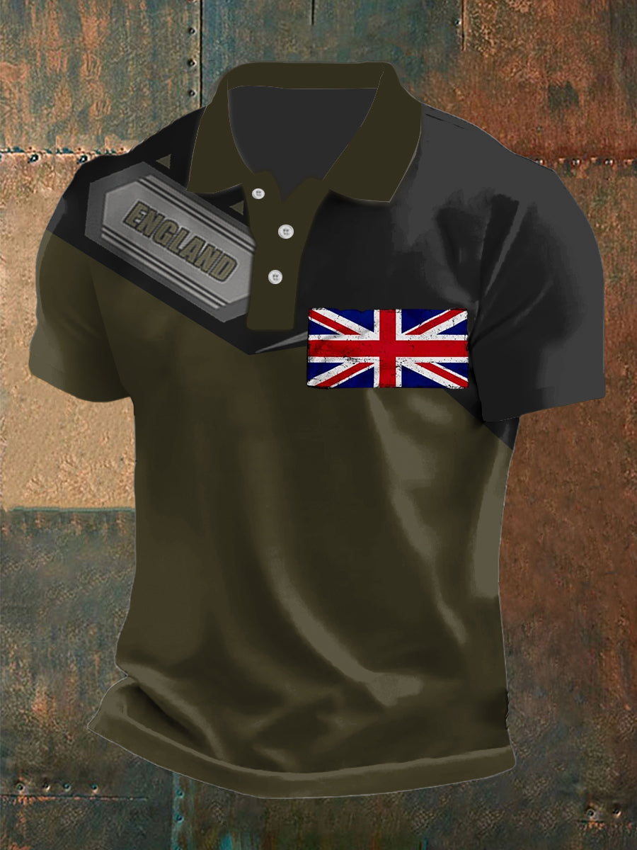 Men's Vintage British Flag Veteran Patchwork Abstract Printed Casual Cotton Short Sleeve Polo Shirt