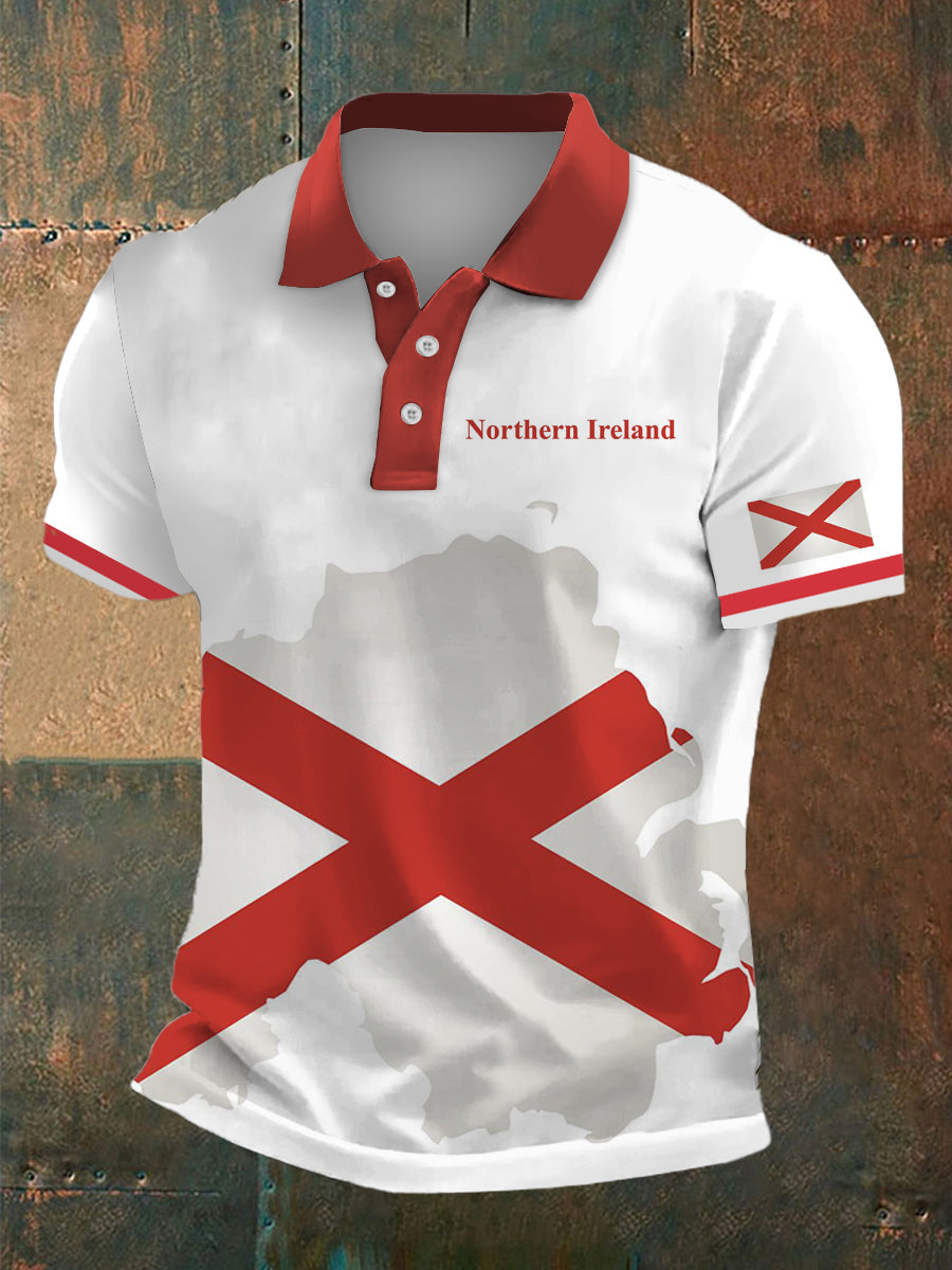 Men's Northern Ireland Flag Print Polo Neck Plunger Short Sleeve T-Shirt
