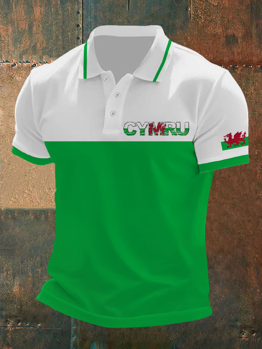 Men's Welsh Flag Printed Casual Button T-Shirt