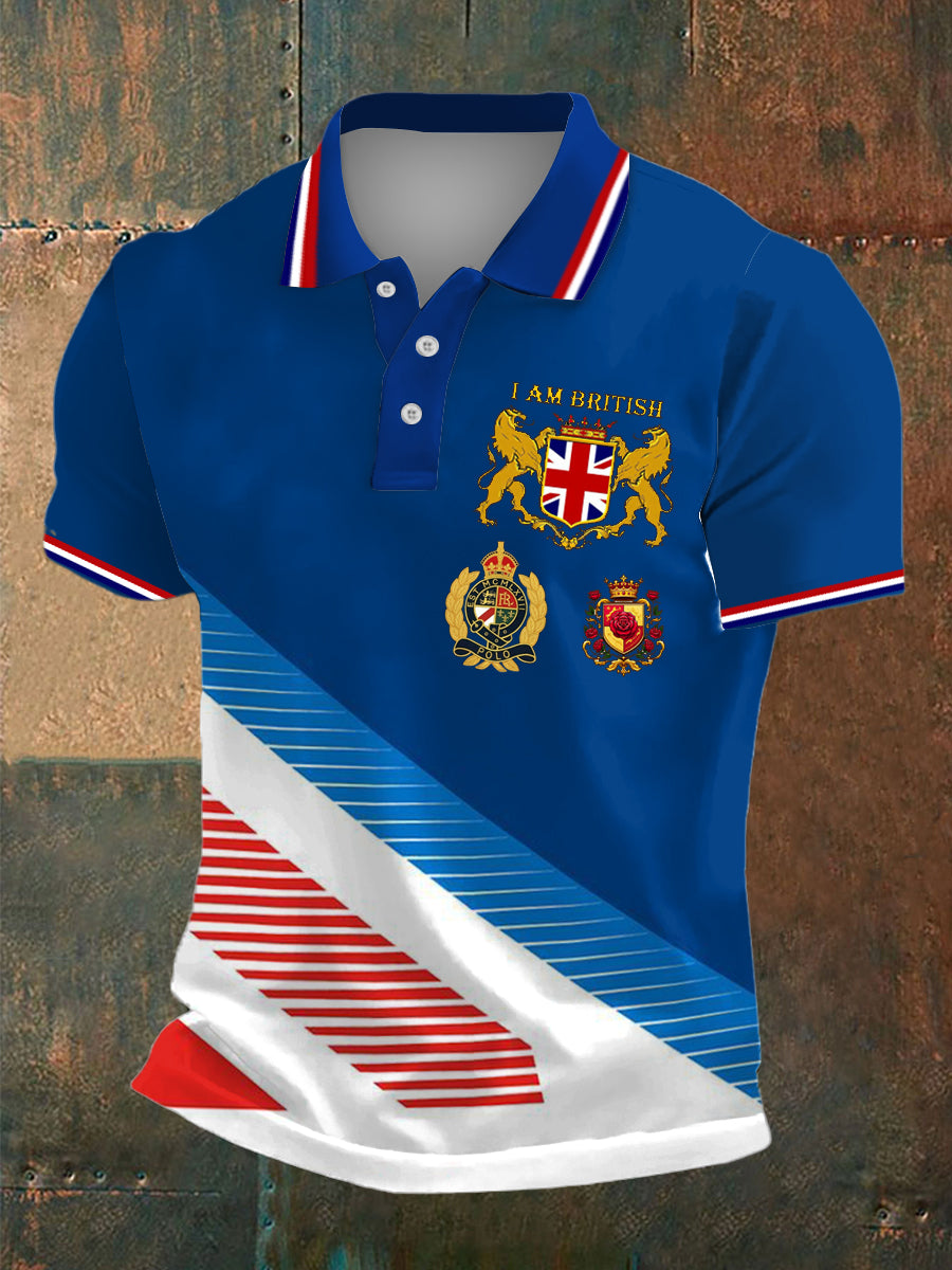 Men's England Badge Print Polo Neck Plunger Short Sleeve T-Shirt