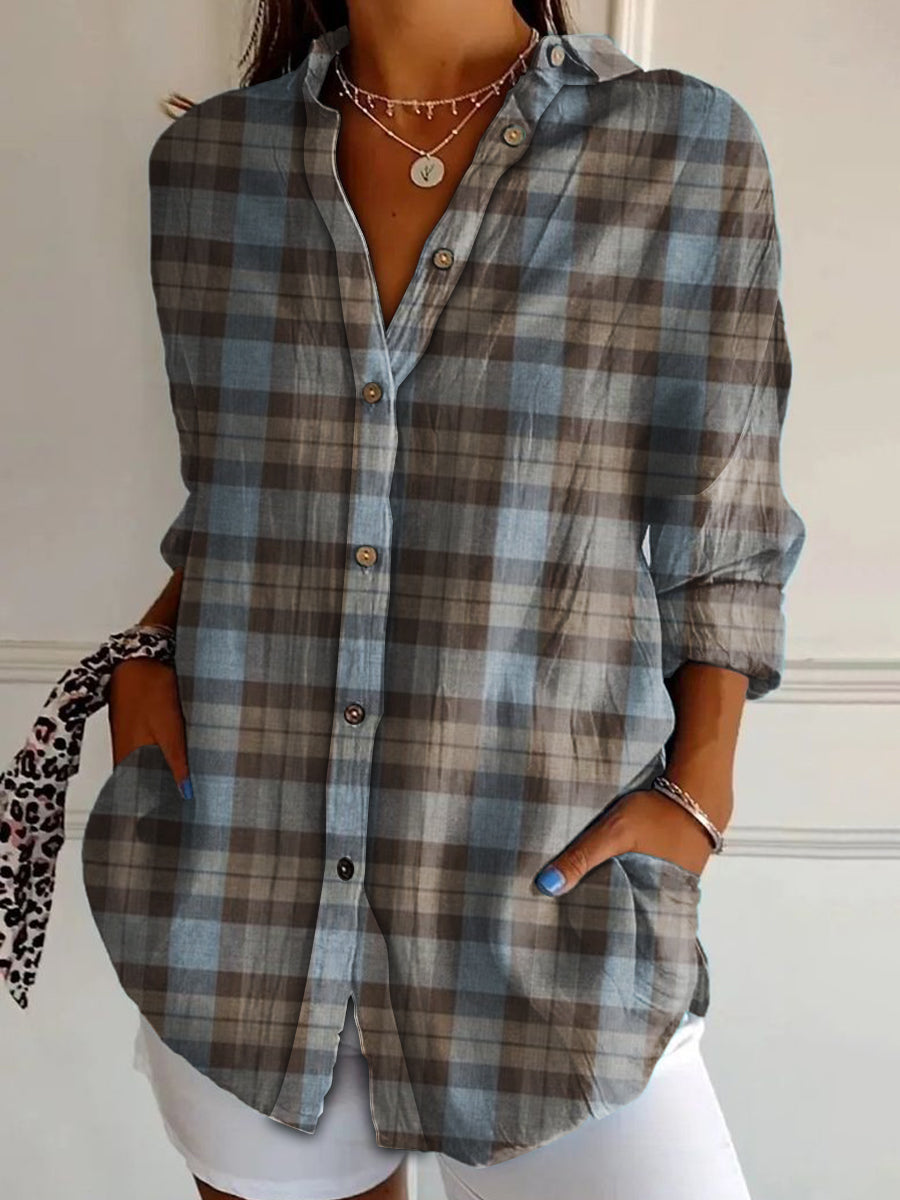 Women's Scottish Plaid Print Vintage Casual Long Sleeve Shirt