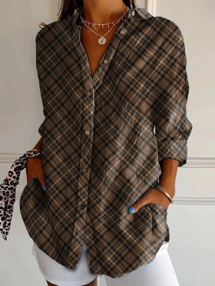 Women's Scottish Plaid Print Vintage Casual Long Sleeve Shirt