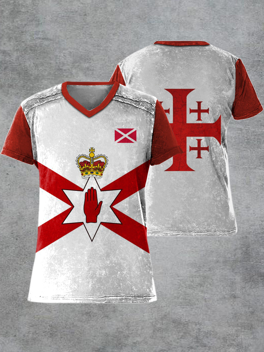 Men's Retro Northern Ireland Printed V-neck Short-Sleeved T-shirt