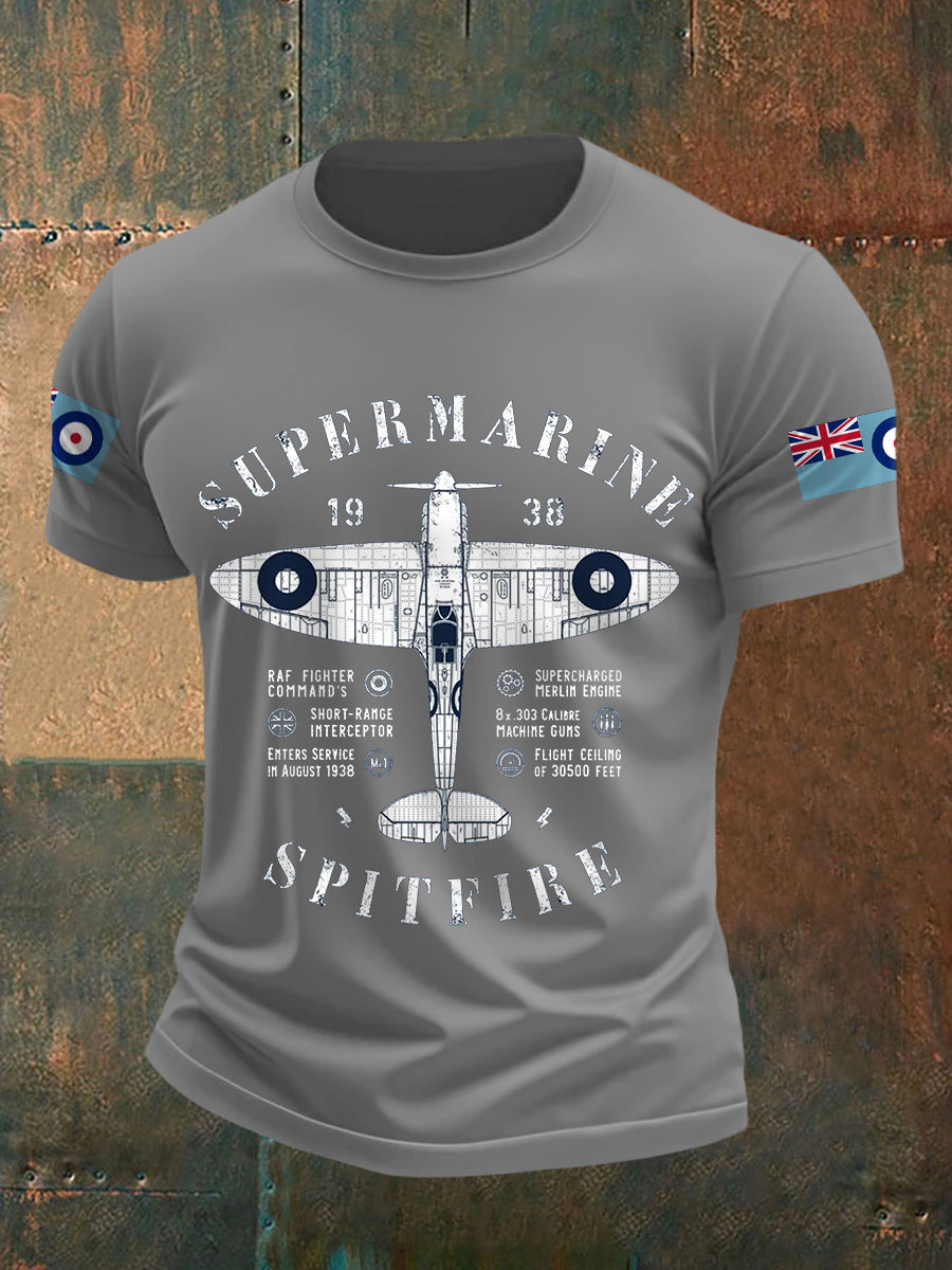 Men's Retro Legendary Fighter Supermarine Spitfire Print Casual Tee
