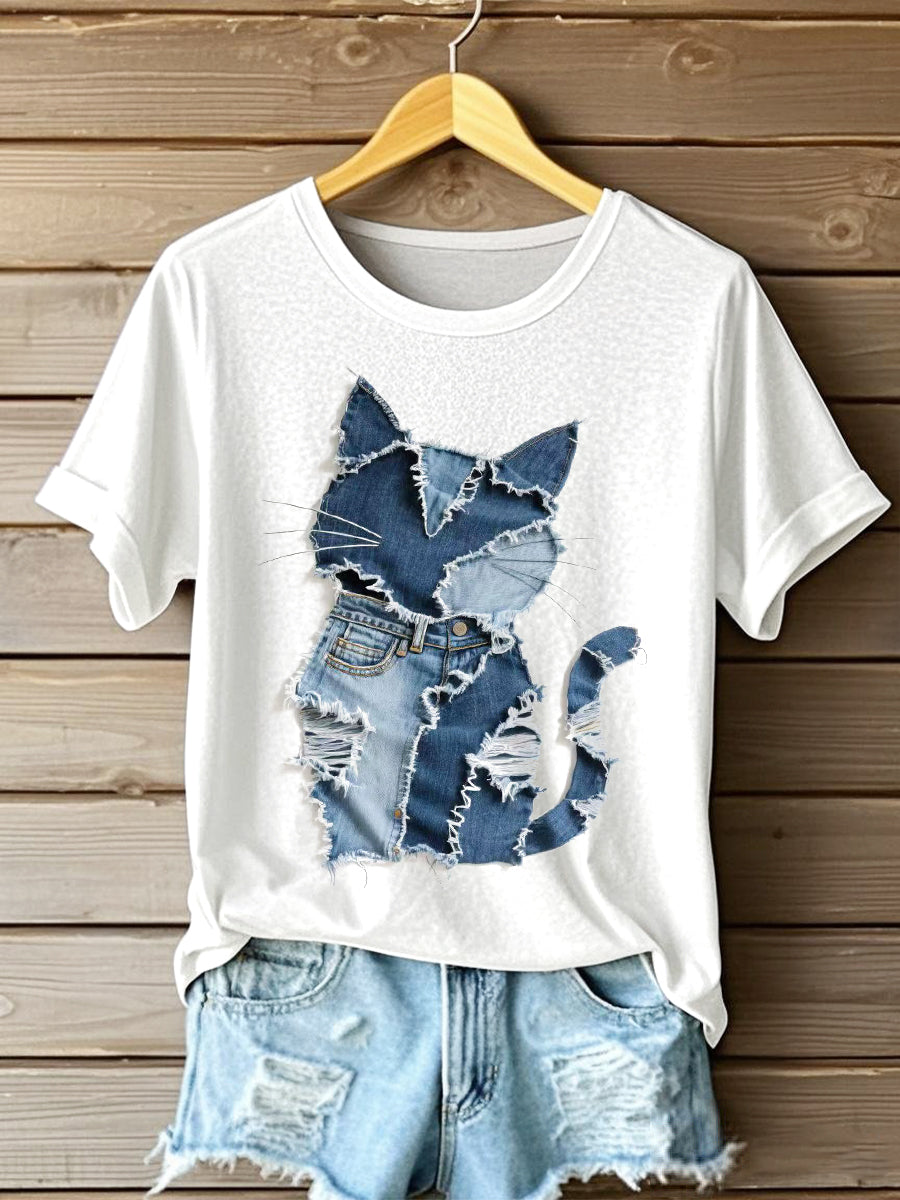 Women's Cat Pattern Denim Patchwork Art T-Shirt