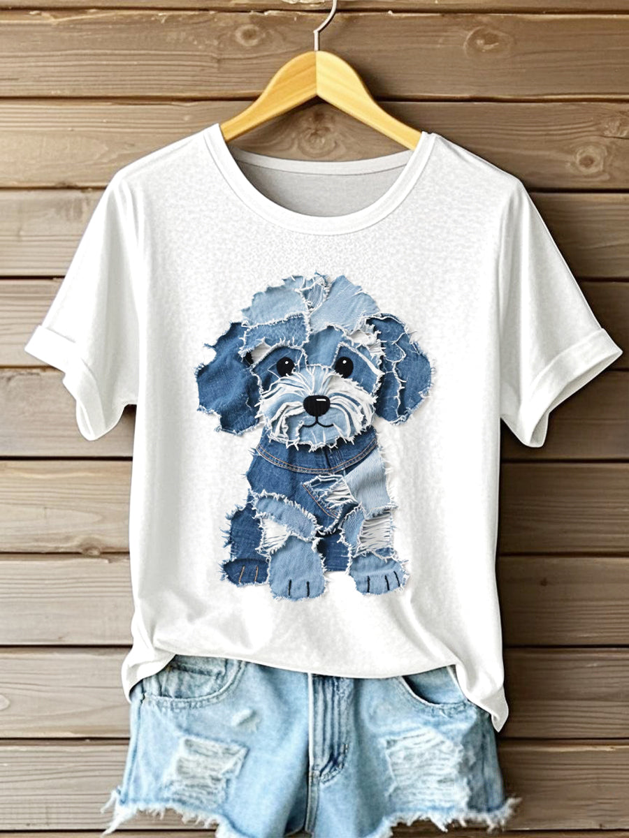 Women's Cute Dog Denim Patchwork Art T-Shirt