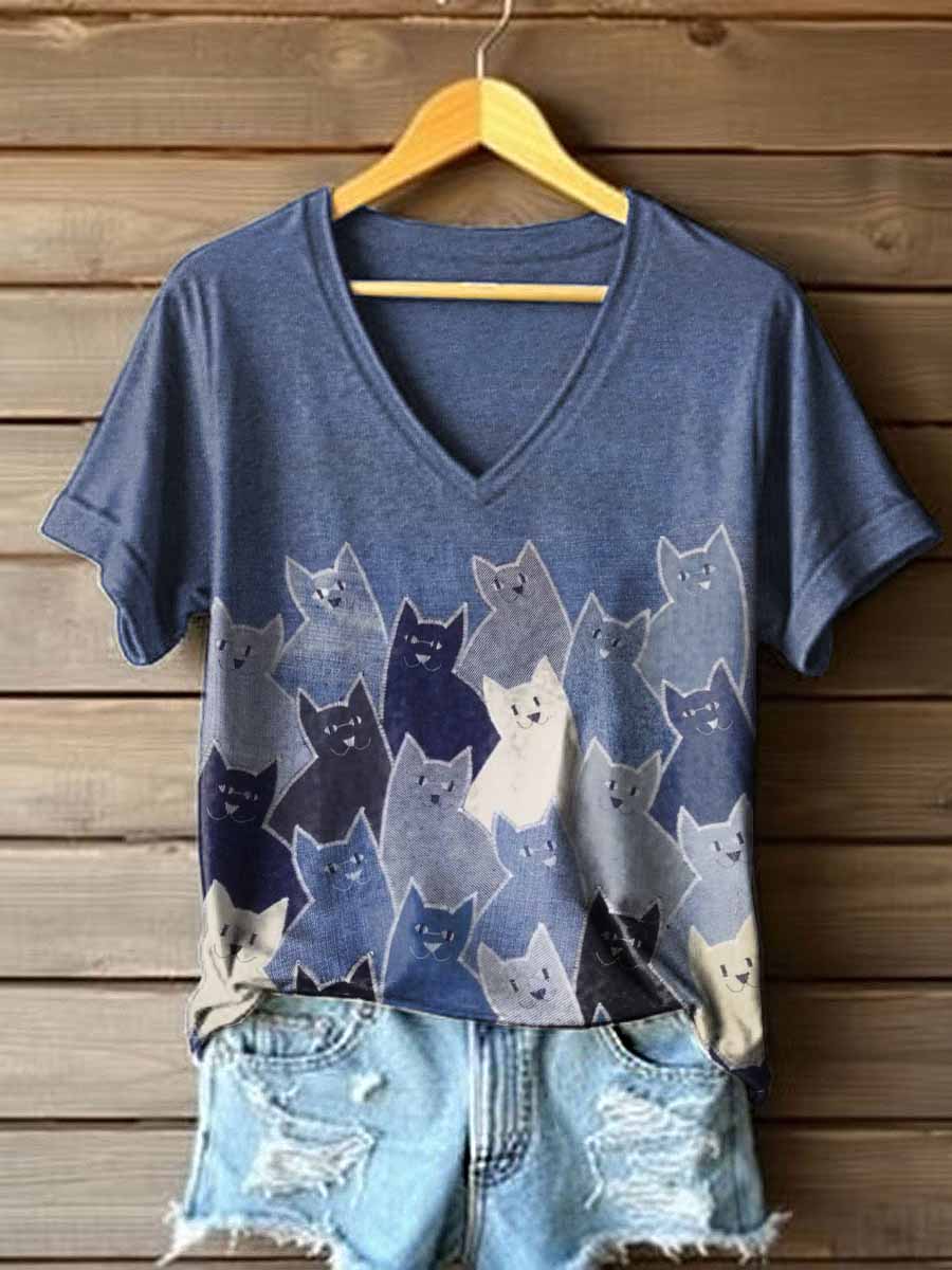 Women's Cute Cat Patchwork V-Neck T-Shirt
