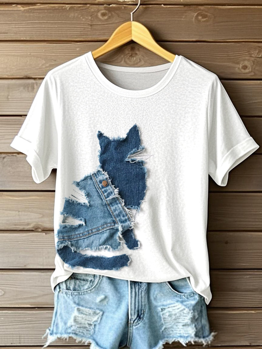 Women's Cute Cat Denim Patchwork Art T-Shirt
