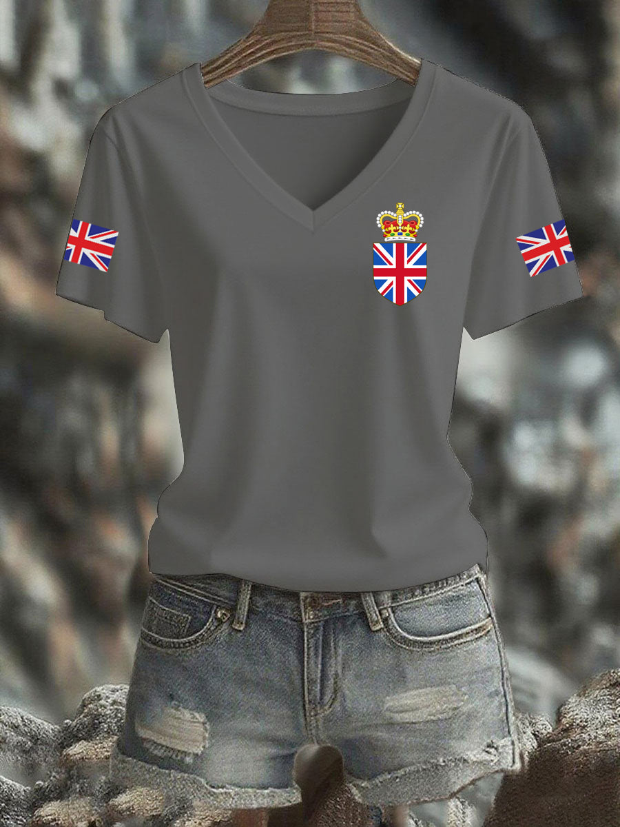 Women's Vintage England Flag Casual Printed V-neck T-Shirt