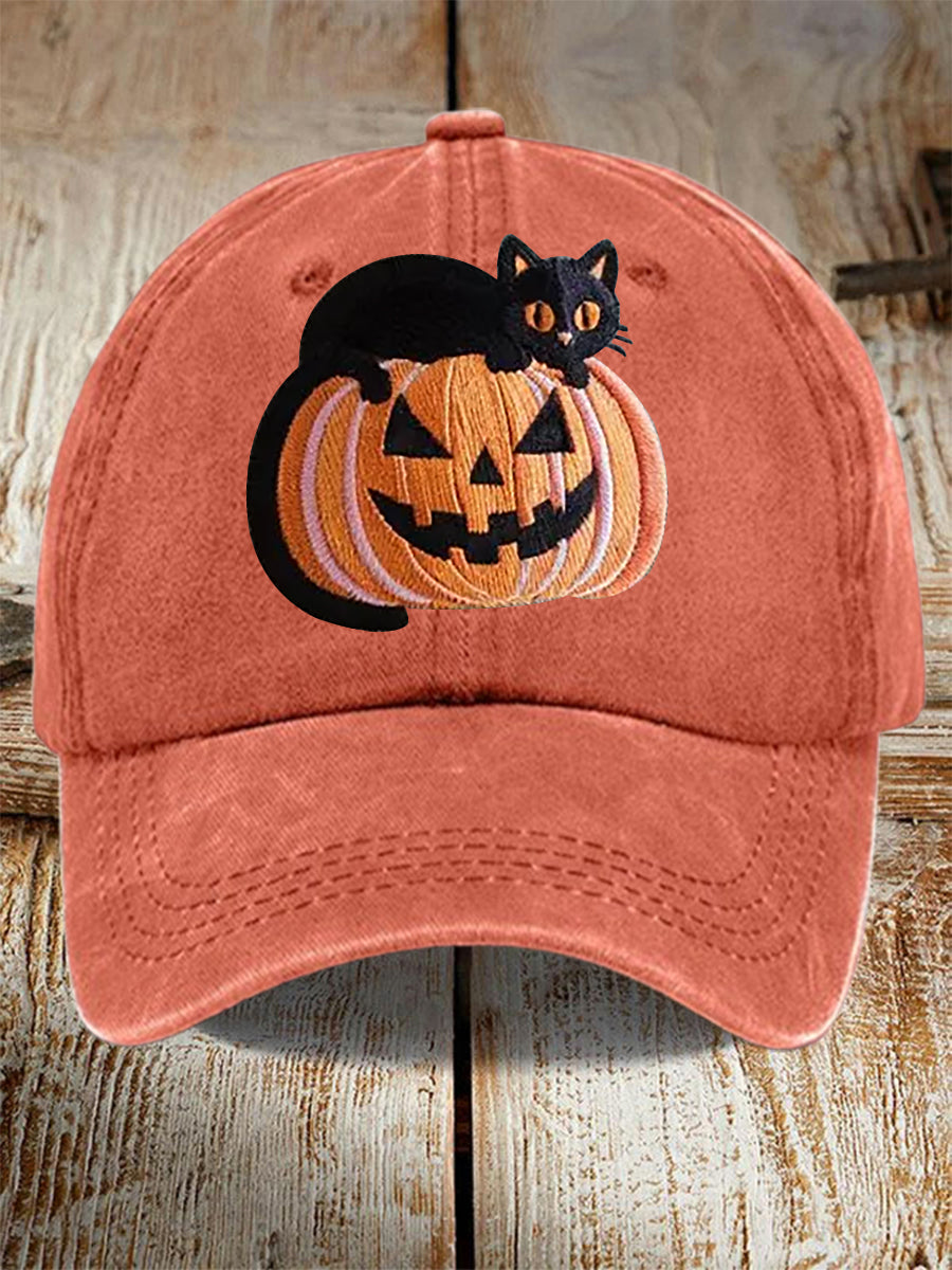 Unisex Fall Halloween Black Cat Pumpkin Print Hat