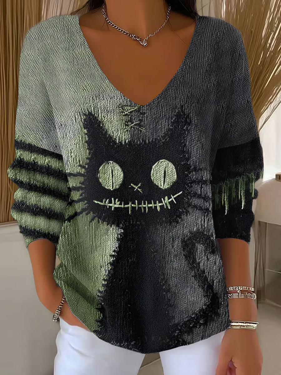 Women's Halloween Cat V-Neck Ribbed Top