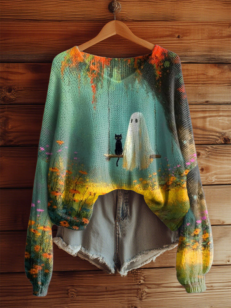 Women's Vintage Halloween Cute Ghost And Cat Printed V-Neck Casual Loose Long Sleeve Top