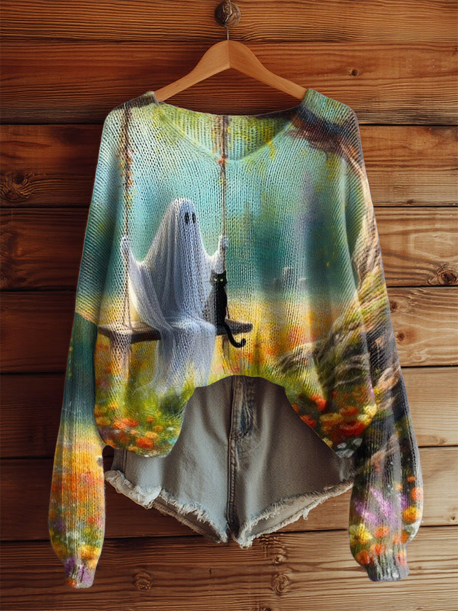 Women's Vintage Halloween Cute Ghost And Cat Printed V-Neck Casual Loose Long Sleeve Top