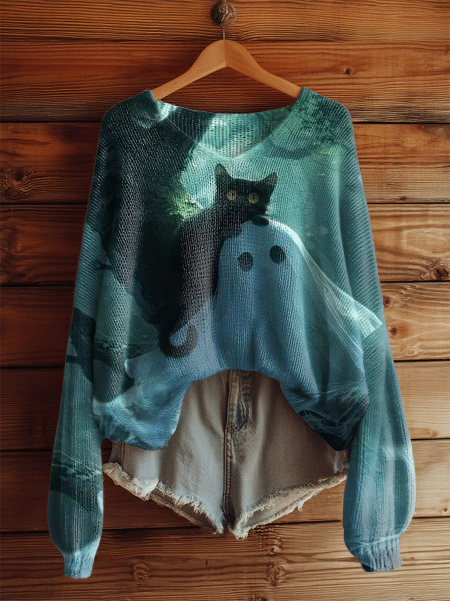 Women's Vintage Halloween Cute Ghost And Cat Printed V-Neck Casual Loose Long Sleeve Top