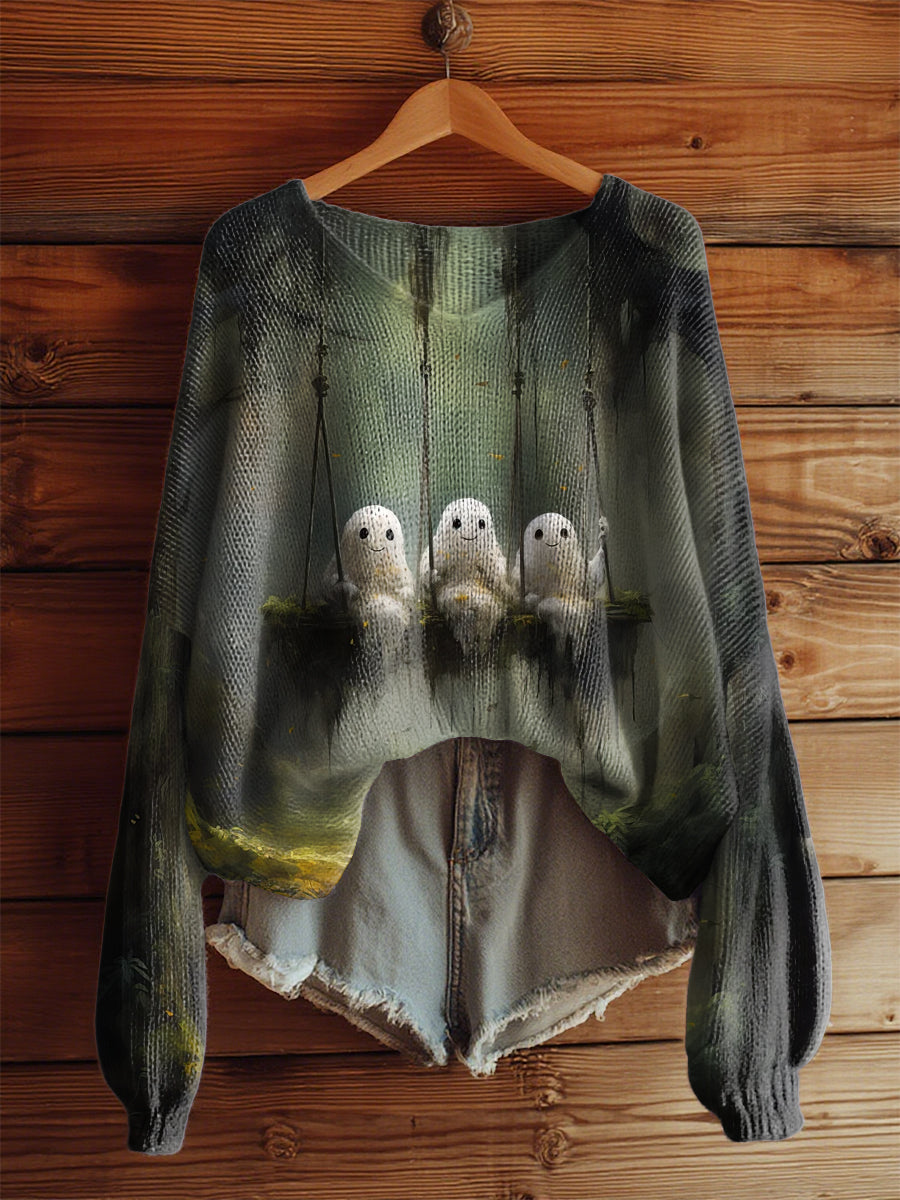 Women's Vintage Halloween Cute Ghost And Cat Printed V-Neck Casual Loose Long Sleeve Top