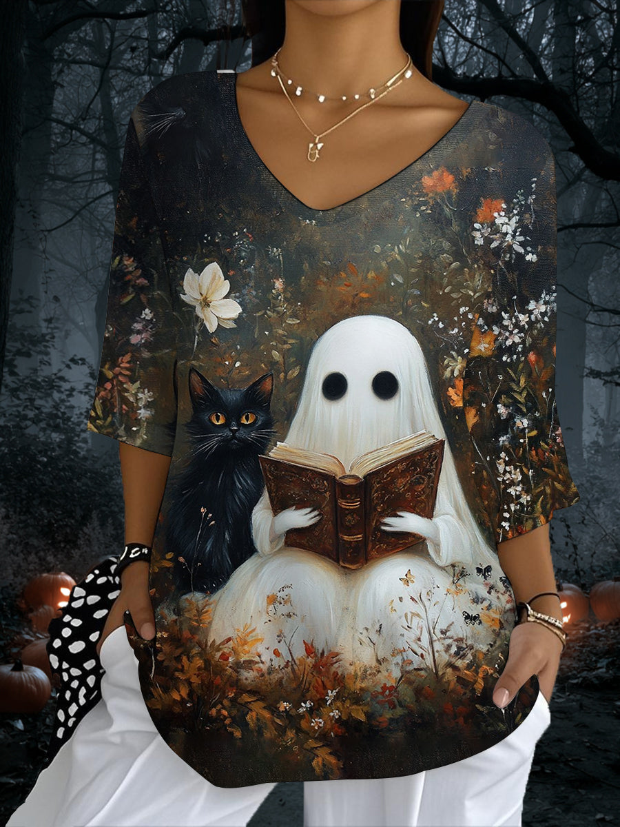 Women's Vintage Halloween Cute Ghost And Cat Printed V-Neck Half-Sleeve T-Shirt