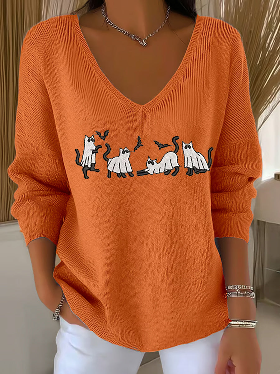 Women's Vintage Halloween Ghost Cat V-Neck Ribbed Top