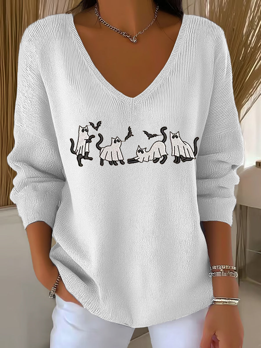 Women's Vintage Halloween Ghost Cat V-Neck Ribbed Top