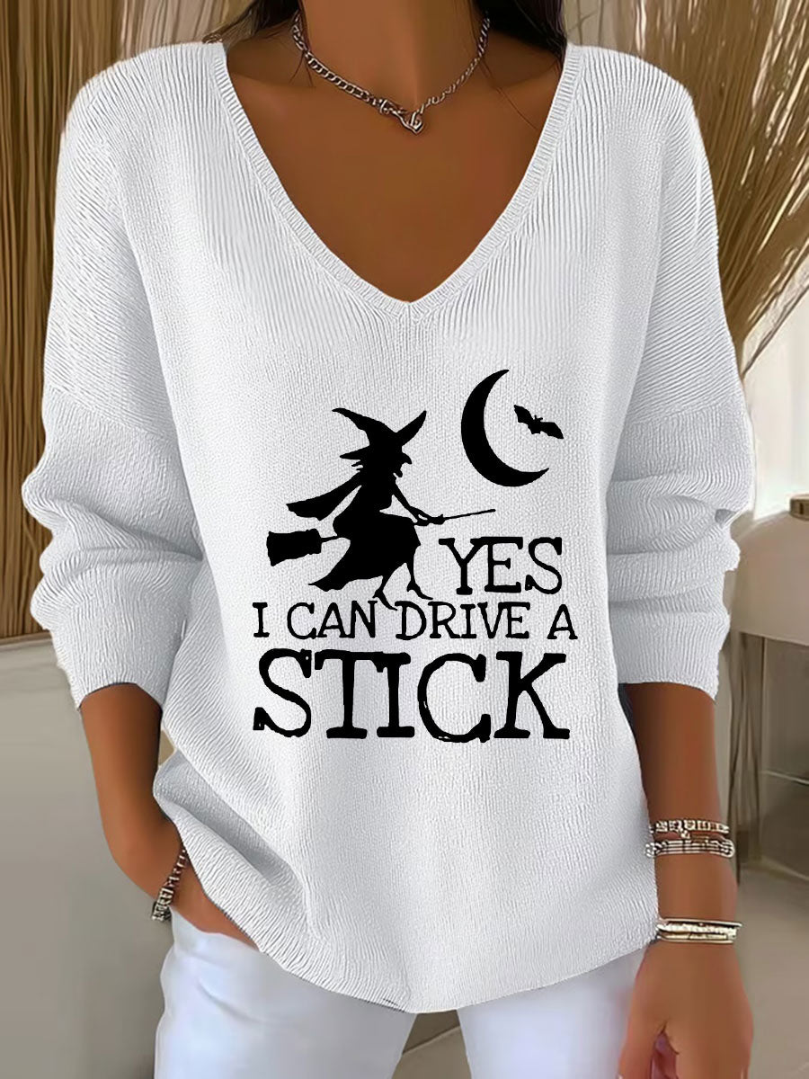 Women's witch "Yes I Can Drive A Stick" print knit top