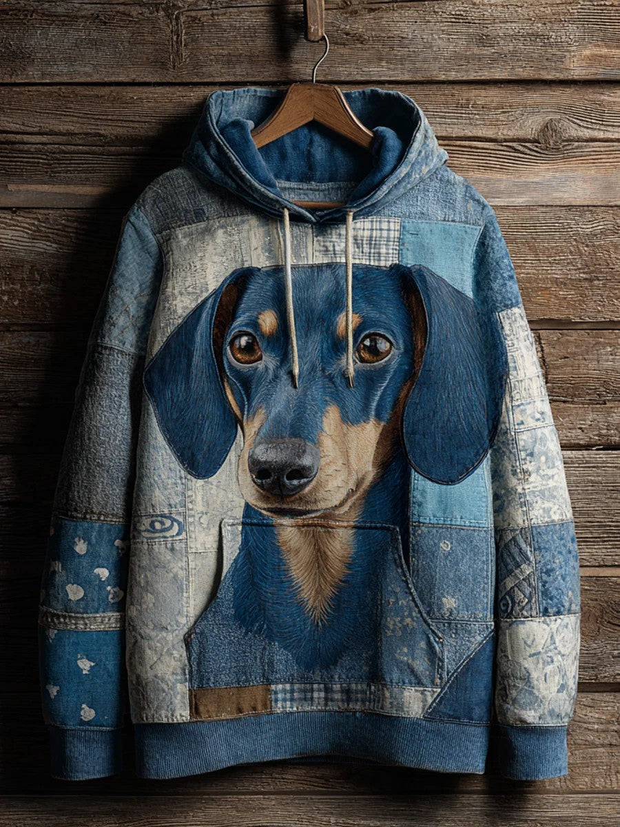 Denim Dog Print Art Casual Hoodie