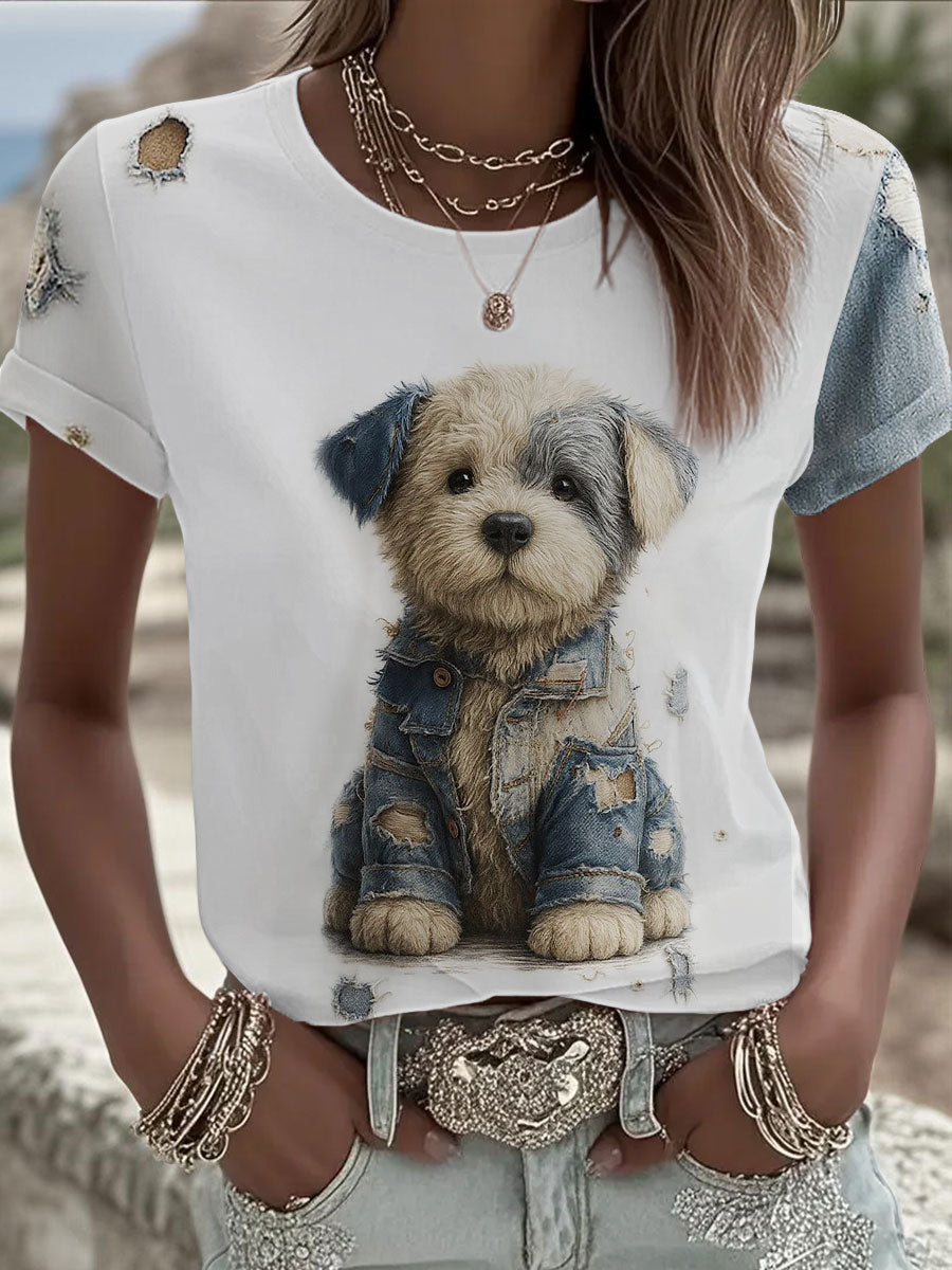 Women's Denim Dog Printed T-shirt