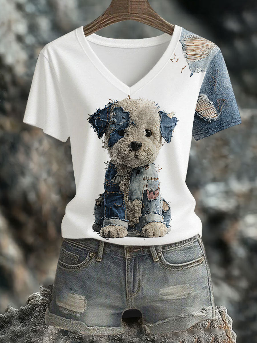 Women's Denim Dog Print V-neck T-shirt