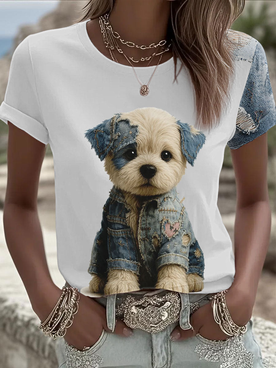 Women's Denim Dog Printed T-shirt