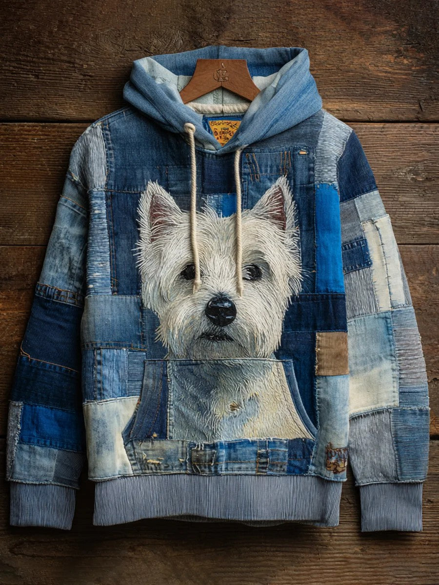 Denim Dog Print Art Casual Hoodie