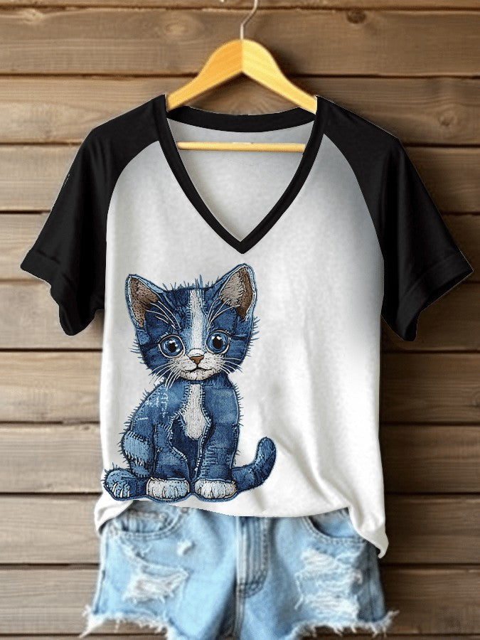 Women's Denim Cat Print V-neck T-shirt