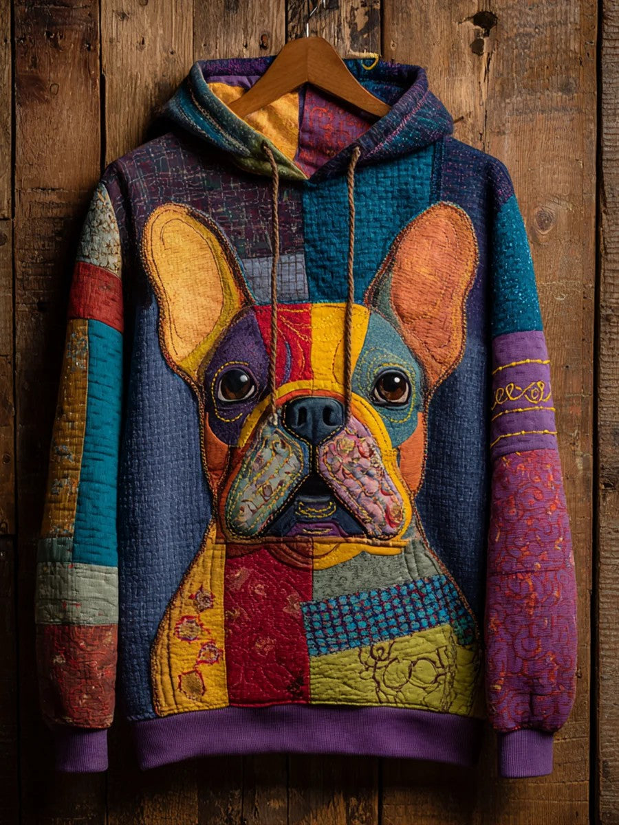 Vintage Patchwork Dog Print Art Casual Hoodie