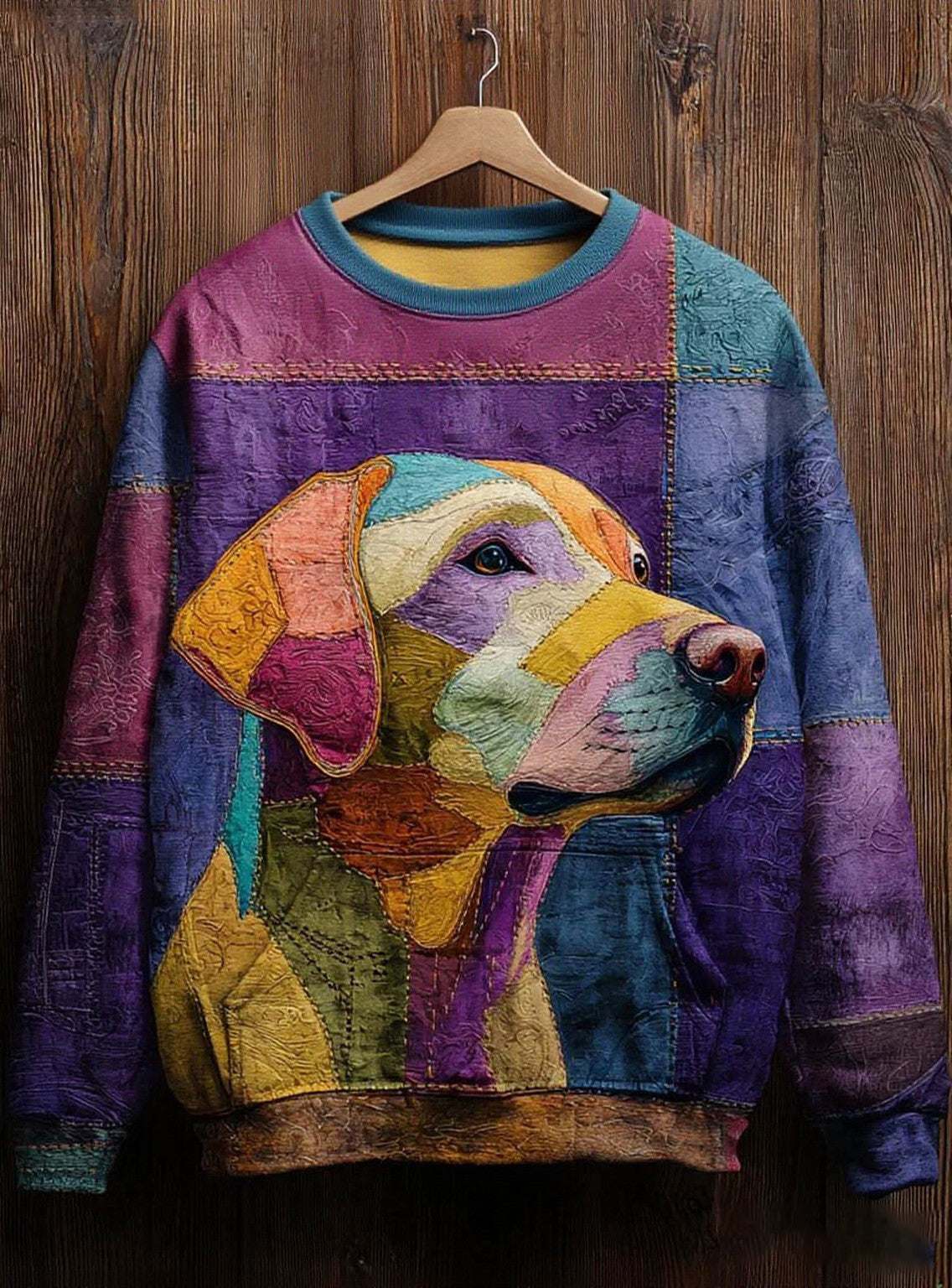 Women's Vintage Patchwork Dog Art Print Casual Sweatshirt