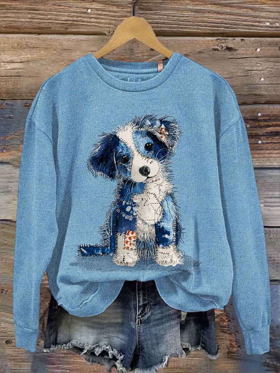 Women's Denim Dog Print Casual Sweatshirt
