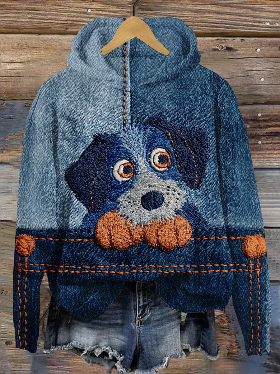 Women's Dog Art Denim Print Casual Long Sleeve Hoodie