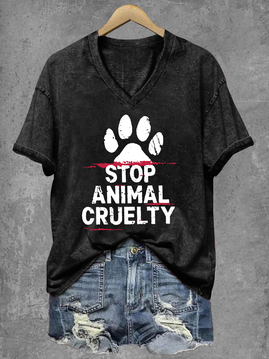 Women's Stop Animal Cruelty Print V-Neck T-Shirt
