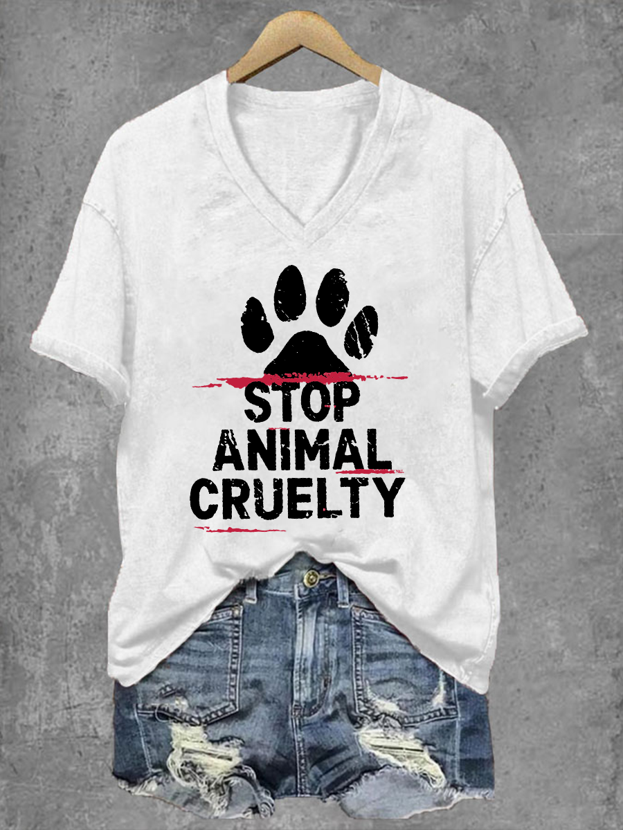 Women's Stop Animal Cruelty Print V-Neck T-Shirt