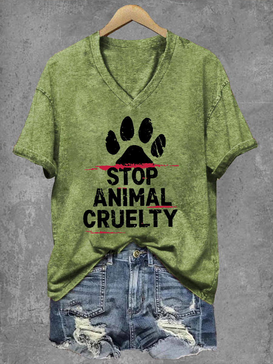 Women's Stop Animal Cruelty Print V-Neck T-Shirt